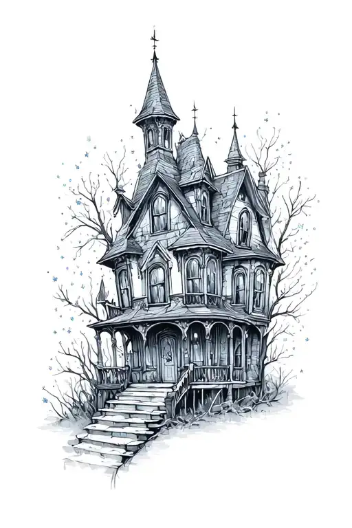 Haunted House With Sparkles Black Grey Tattoo Realism