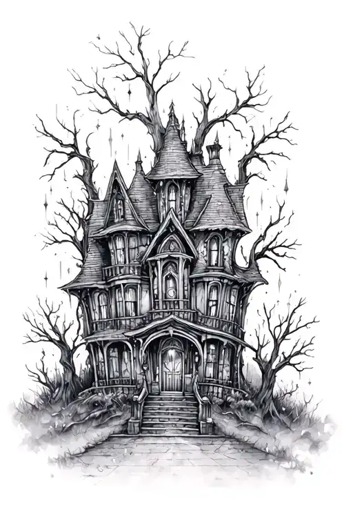 Haunted House With Sparkles Black Grey Tattoo Realism