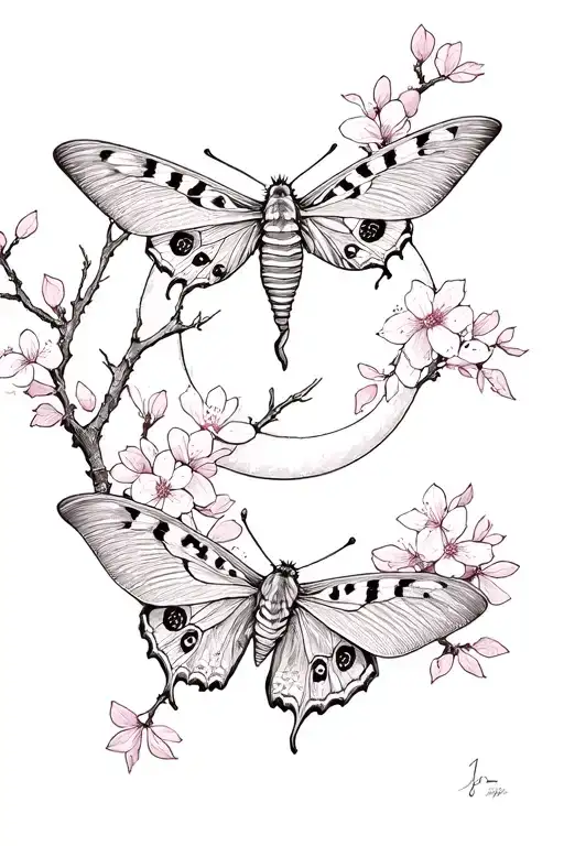 Moths And Crescent Moon Cherry Blossom
