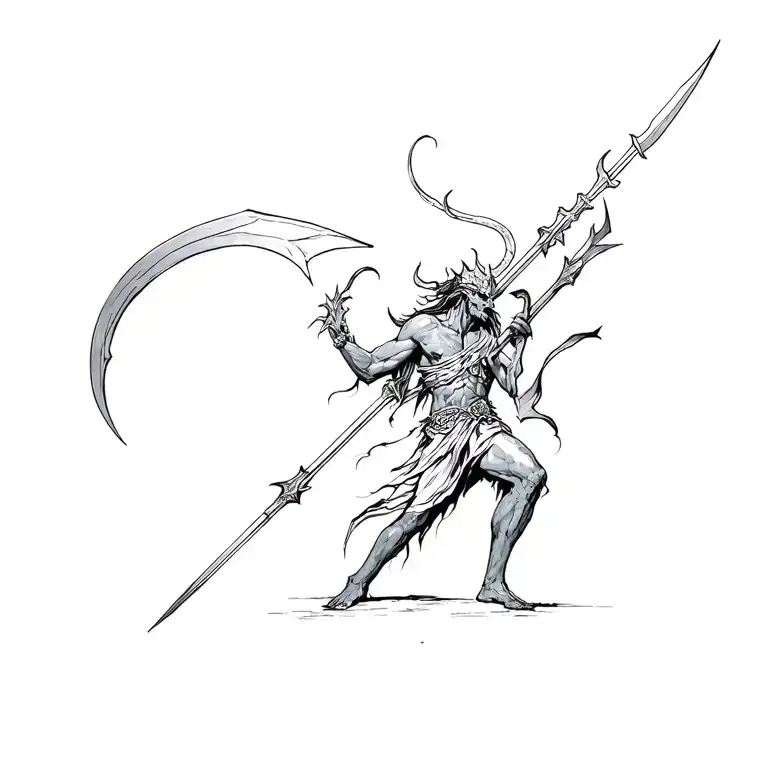 Azrail With A Sickle Against The Devil With A Spear