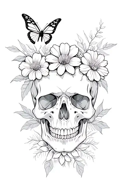 Skull With Flowers And Butterfly