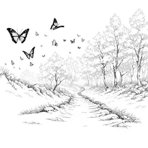 A Sketch Of A Hiking Trail Winding Through A Forest With Butterflies Fluttering Around