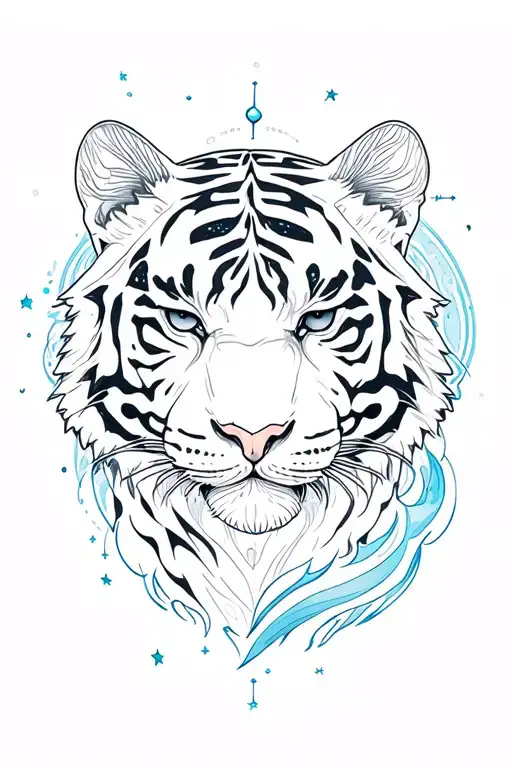 Tiger Head With Constellations And Ocean Wave Around Her