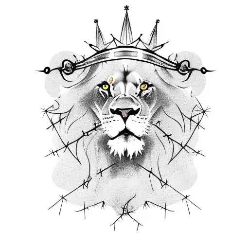 Lion With Crown Of Thorns Sitting On Clouds