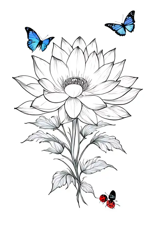 Lotus With Butterflies And Ladybug