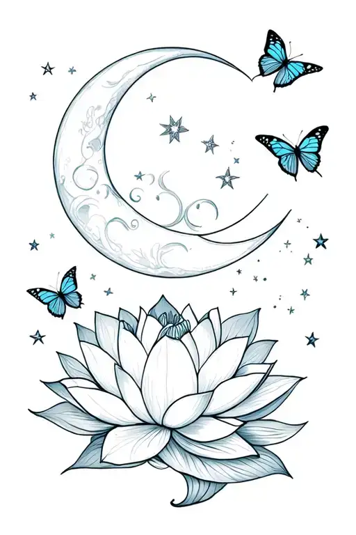 Lotus With Butterflies And Stars Moon