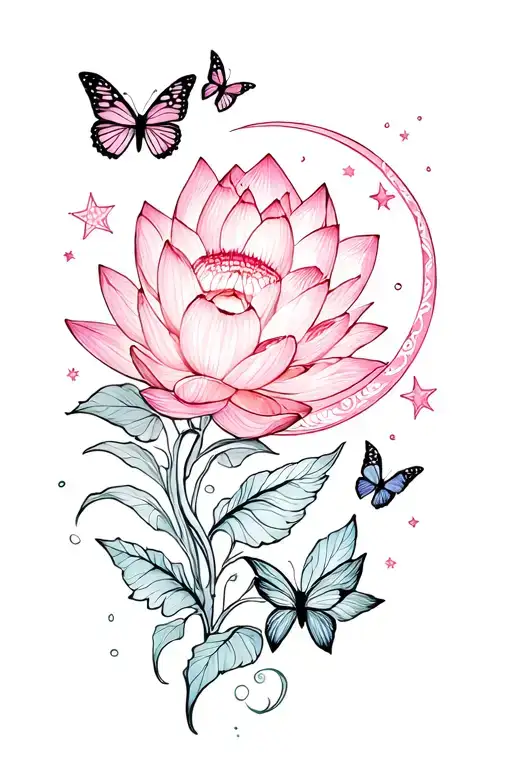Lotus With Butterflies And Stars Moon