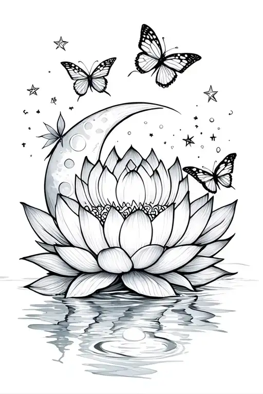 Lotus With Butterflies And Stars Moon