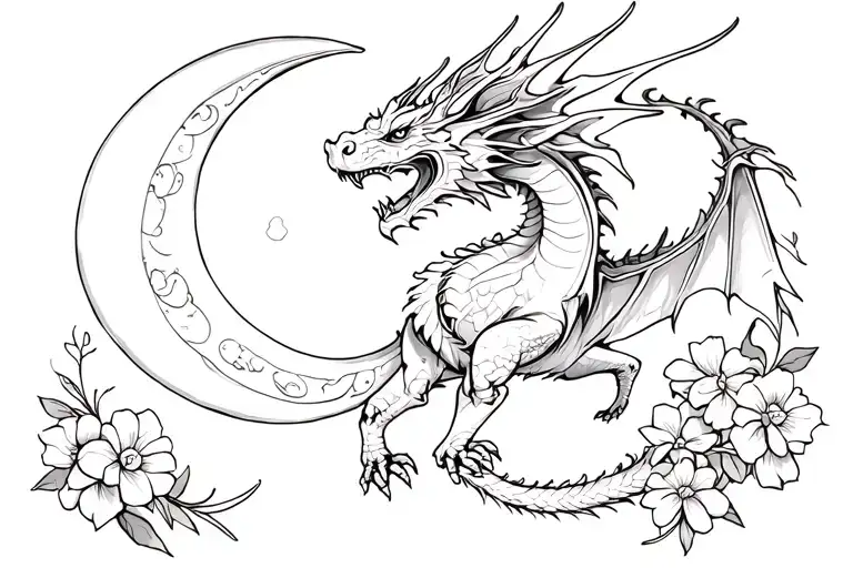 Dragon Flying With Spread Wings Looking Up At A Crescent Moon And Flowers On The Left And Right