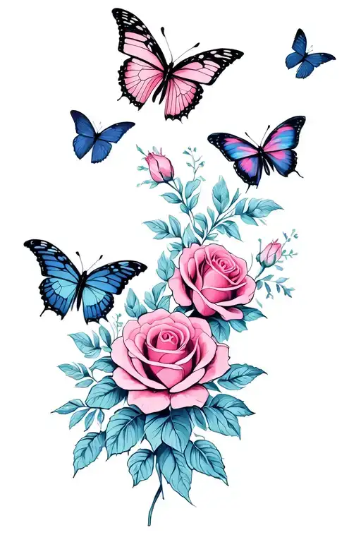 Butterflies And Roses Blooming