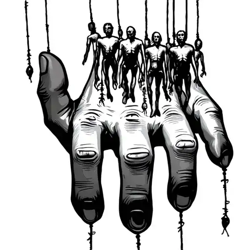 Hand With Puppet Strings Attached To Each Finger With Hanging Victims On Each String