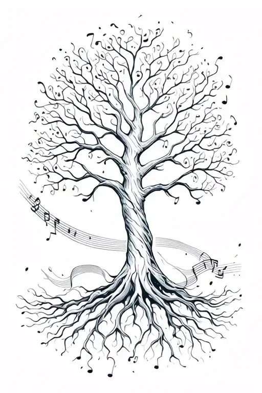Tree Of Life Surrounded With Music Notes Flowing In A Brush Stroke Style