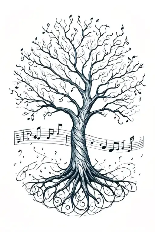 Tree Of Life Surrounded With Music Notes Flowing In A Brush Stroke Style
