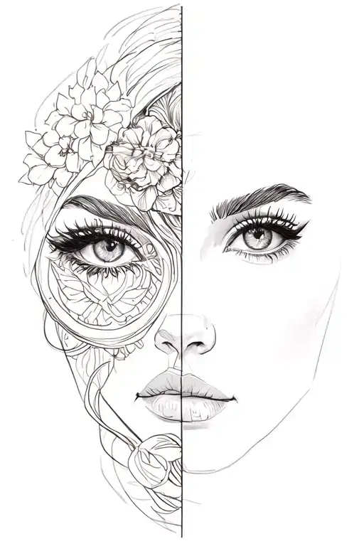 Sketch For Women's Tattoo Combining Half A Face On The One