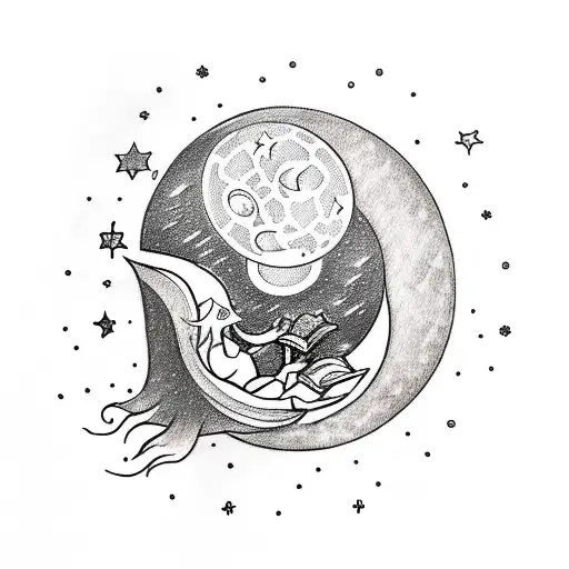 A Sketch-style Tattoo Of A Mystical And Enchanting Moon Reading A Book Under A Starry Sky