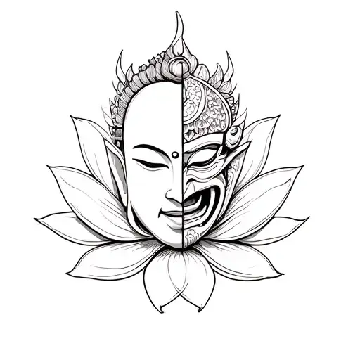 Create A Lotus Background Where Inside We Have Half A Budah Face And Another Half A Tengu Mask