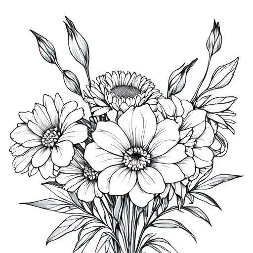 Bouquet Gladiolus Rose And Chrysanthemum Fine Line