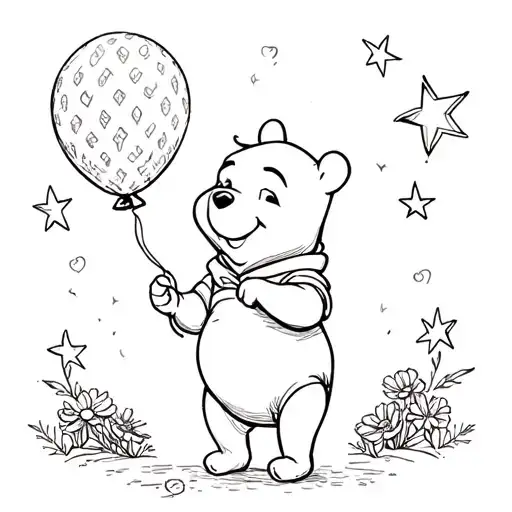 Winnie The Pooh Holding A Balloon Surrounded By Stars And Flowers