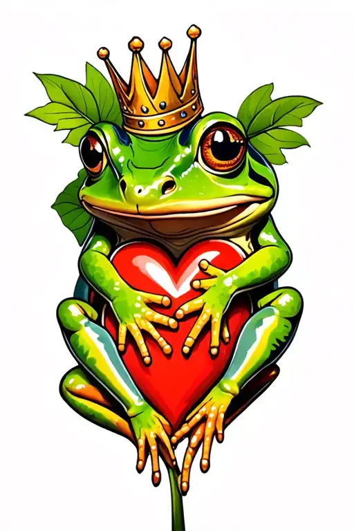 A Frog With A Crown Hugging A Heart-shaped Leaf Intertwined
