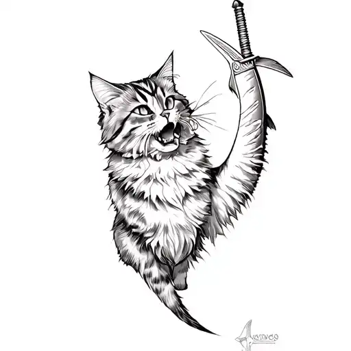 Maine Coon Cat Fighting And Biting A Swordfish And Winning