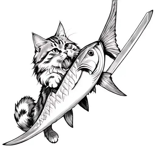 Maine Coon Cat Fighting And Biting A Swordfish And Winning