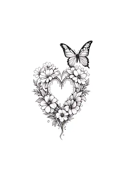Butterfly And Flowers Heart Shape Surrounded