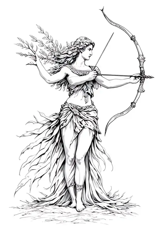Greek Goddess Artemis In Full Growth With Bow And Arrows