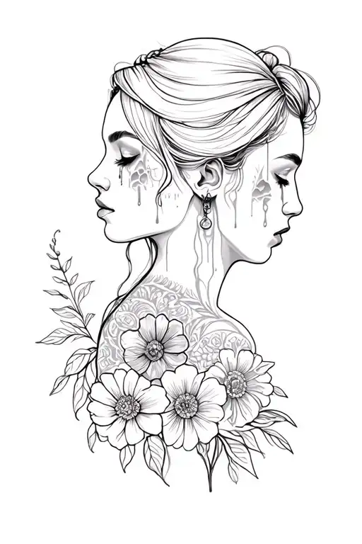 Woman In Profile With Tears And Various Flowers Around Her