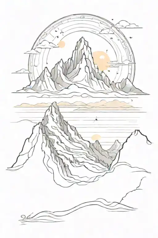 A Sketch Mountain Traill With A Sunset Over The Ocean
