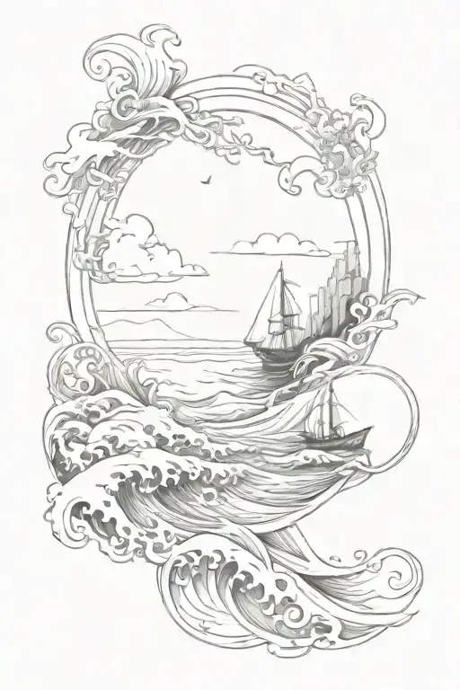 A Sketch Traill With Over The Ocean And Waves