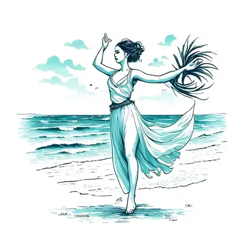 Delicate Tattoo Of A Woman Dancing On A Beach With A Straight Phrase From Top To Bottom