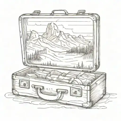A Sketch Of A Vintage Suitcase With Mountain Scenery Peeking Out From Inside