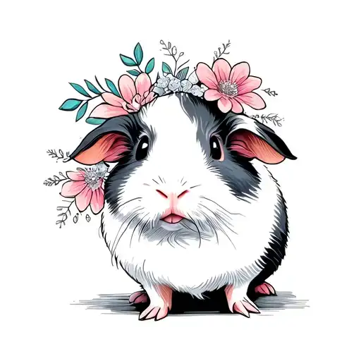 Guinea Pig With Pointed Ears With Flowers And Sparkles Minimalistic Sketch