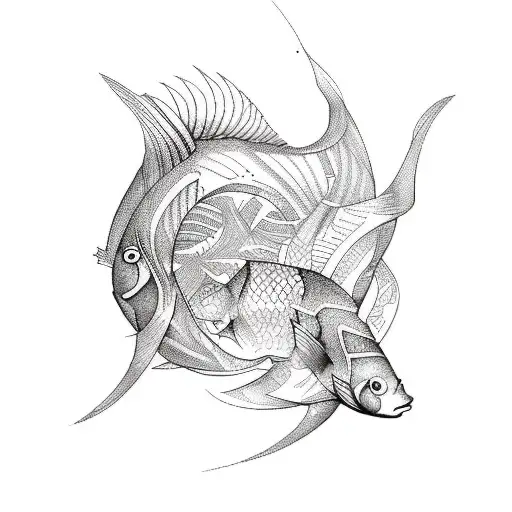 A Sketch-style Tattoo Of Fish With Intricate Geometric Patterns