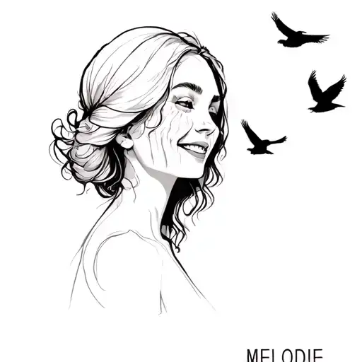 Name Melodie With Picture Of Faceless Smiling And Crying Woman And Ravens Flying