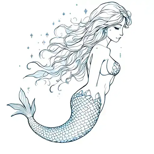 Delicate Mystical Mermaid With Simple Sparkles And Without Shading