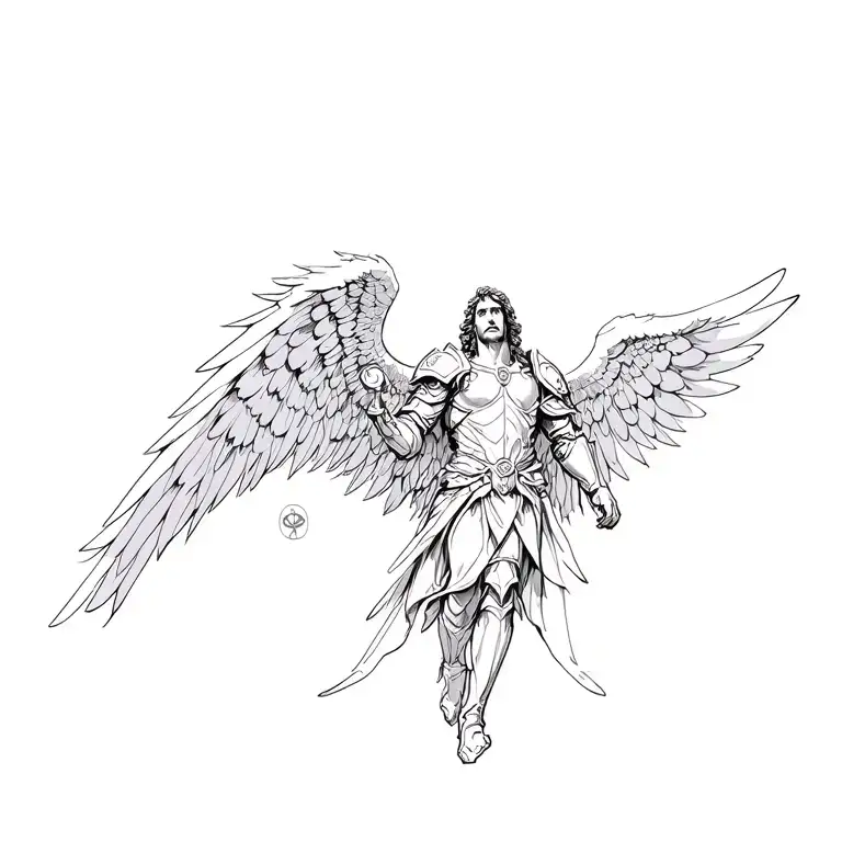 Archangel Miguel Coming Down From The Sky With Huge Wings Open With Angelic Armor