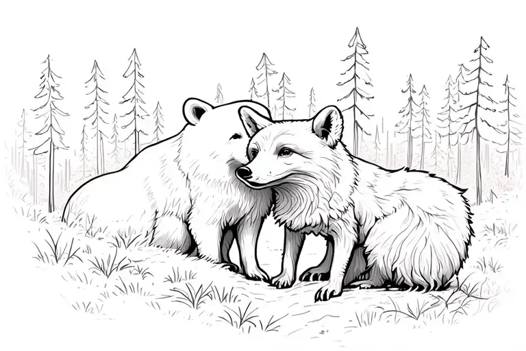 Bear And Fox In Forest Landscape