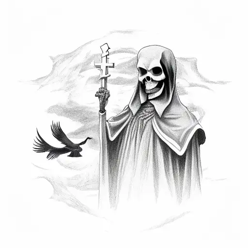 Grim Reaper Standing In A Cementery With A Clock In His Hand Surounded By Crows