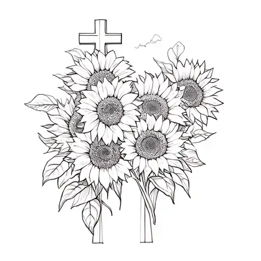 Cross And Sunflowers Behind