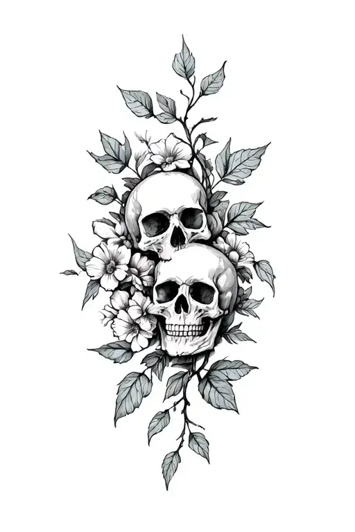 Skulls Bones Leaves Flowers Vine Intertwined