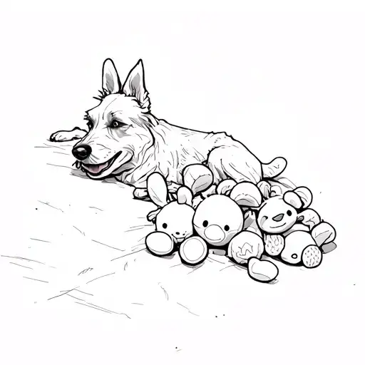 A White Dog Laying On A Pile Of Stuffed Toys