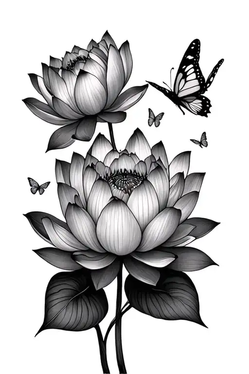 Lotus Flowers With Butterflies Fluttering