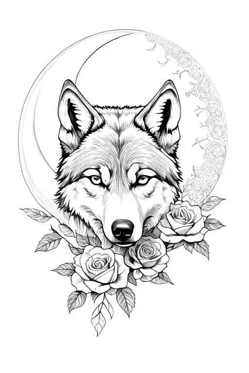 Wolf And Roses Intertwined And Moon