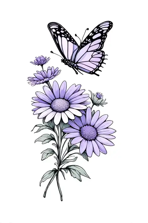 2 Butterflies With A Daisy And Violet Flower Bouquet