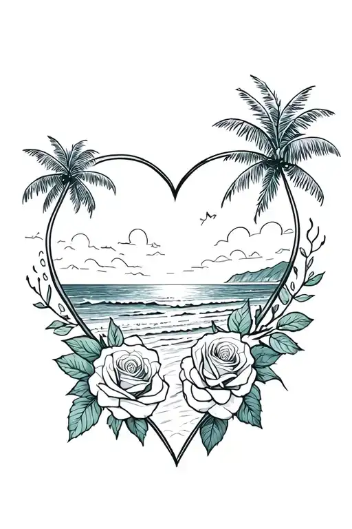 Roses With A Broken Heart Shape Palm Trees With The Ocean On The Beach