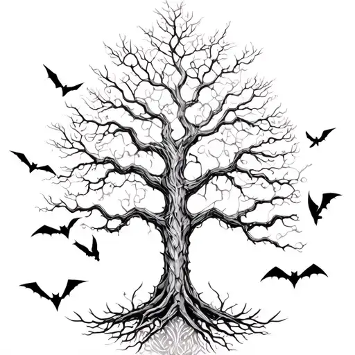 Half Poison Tree Half Tree Of Life With Bats And Doves
