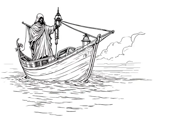Grim Reaper Holding Lantern On Boat Sailing Towards
