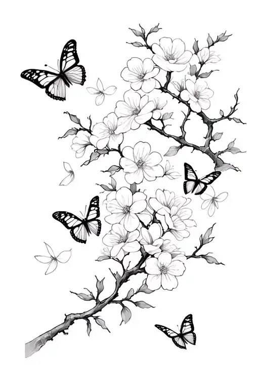 Cherry Blossom With Butterflies Fluttering