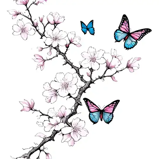 Cherry Blossom With Butterflies Surrounding